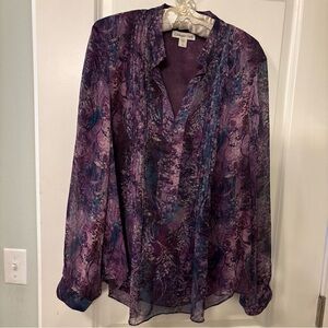 Coldwater Creek Purple Top Semi Sheer/Lined-Henley Neckline-Long Sleeves-Pleated